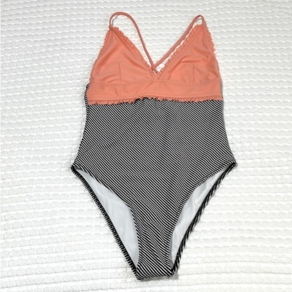 Beachsissi Peach Ruffled Black & White Stripes One-Piece Swimsuit M